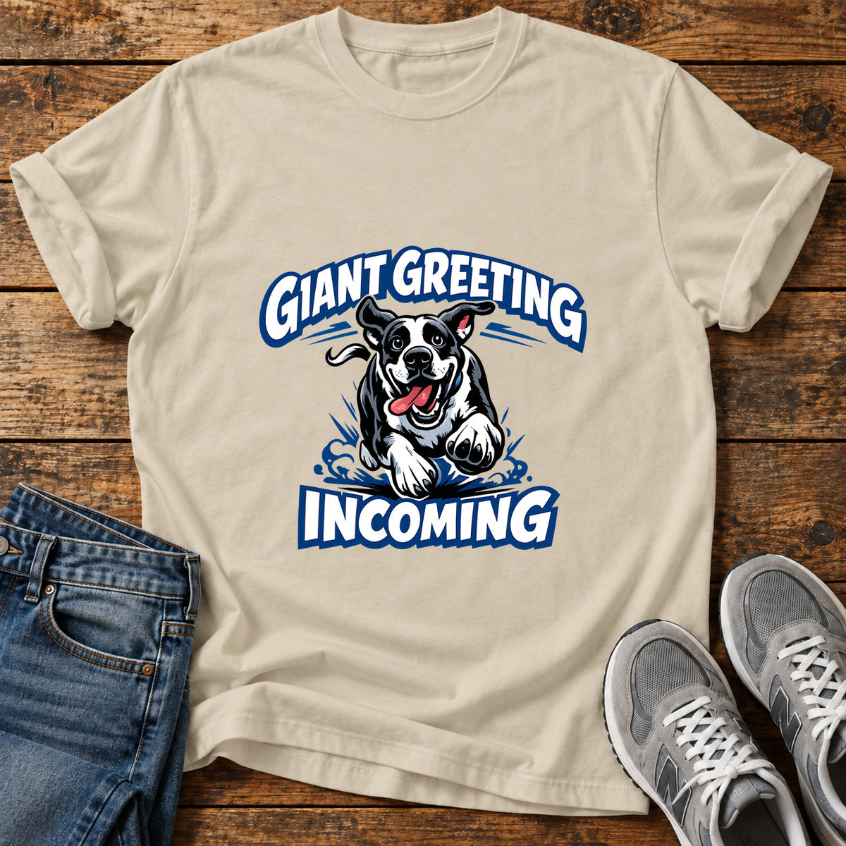 Giant Greeting Great Dane graphic T-shirt in Sand, shown on a flat-lay shirt mockup