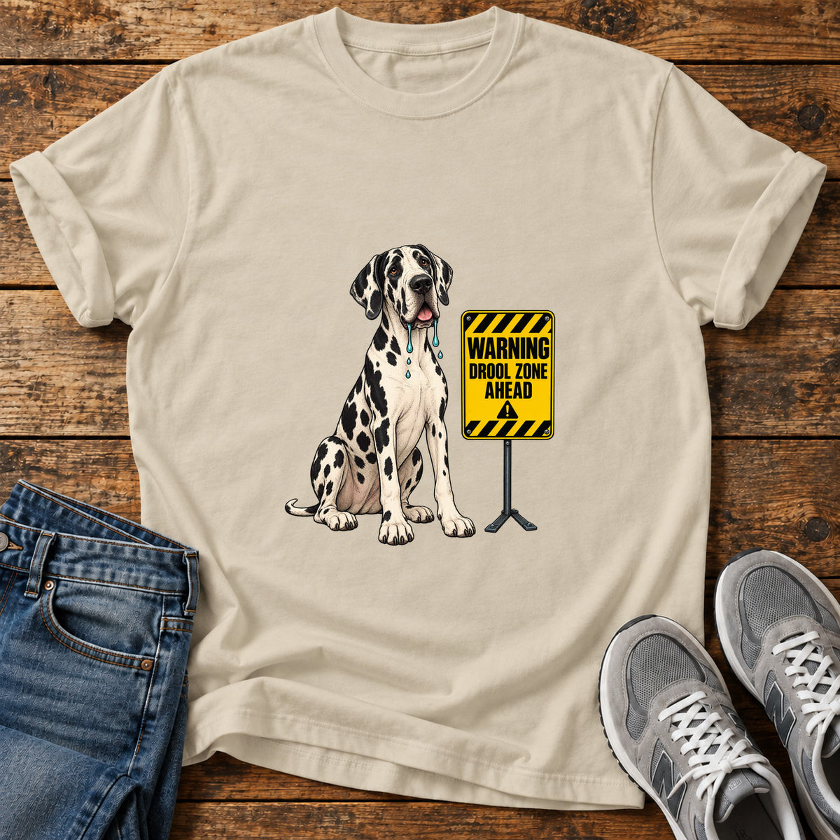 Drool Zone Warning Great Dane graphic T-shirt in Sand, shown on a flat-lay shirt mockup