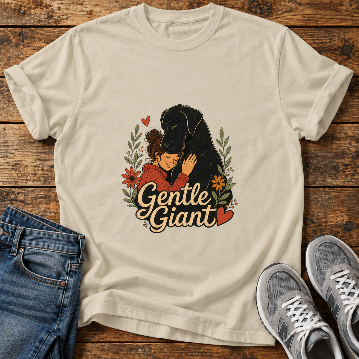 Gentle Giant Great Dane graphic T-shirt in Sand, shown on a flat-lay shirt mockup