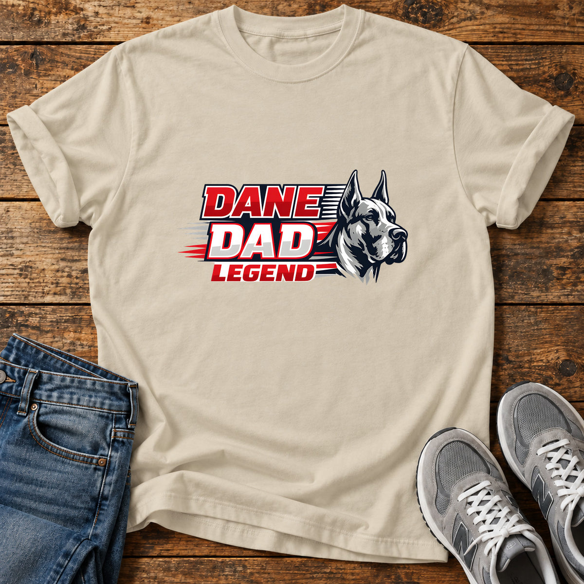 Dane Dad Legend Great Dane graphic T-shirt in Sand, shown on a flat-lay shirt mockup