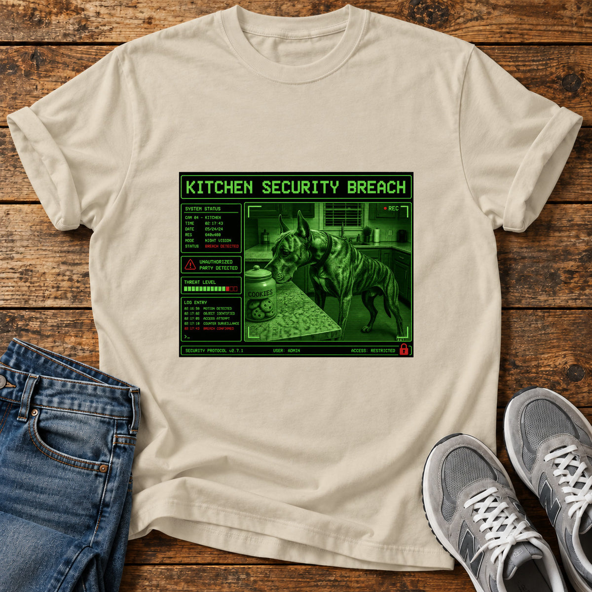 Kitchen Security Breach Great Dane graphic T-shirt in Sand, shown on a flat-lay shirt mockup