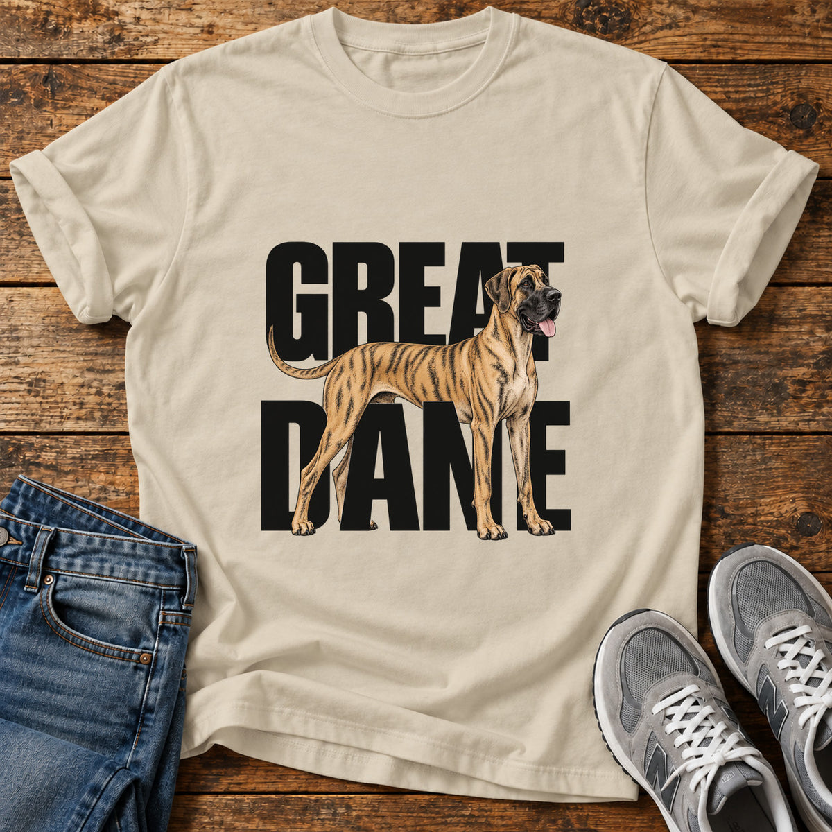 Great Dane graphic T-shirt in Sand, shown on a flat-lay shirt mockup