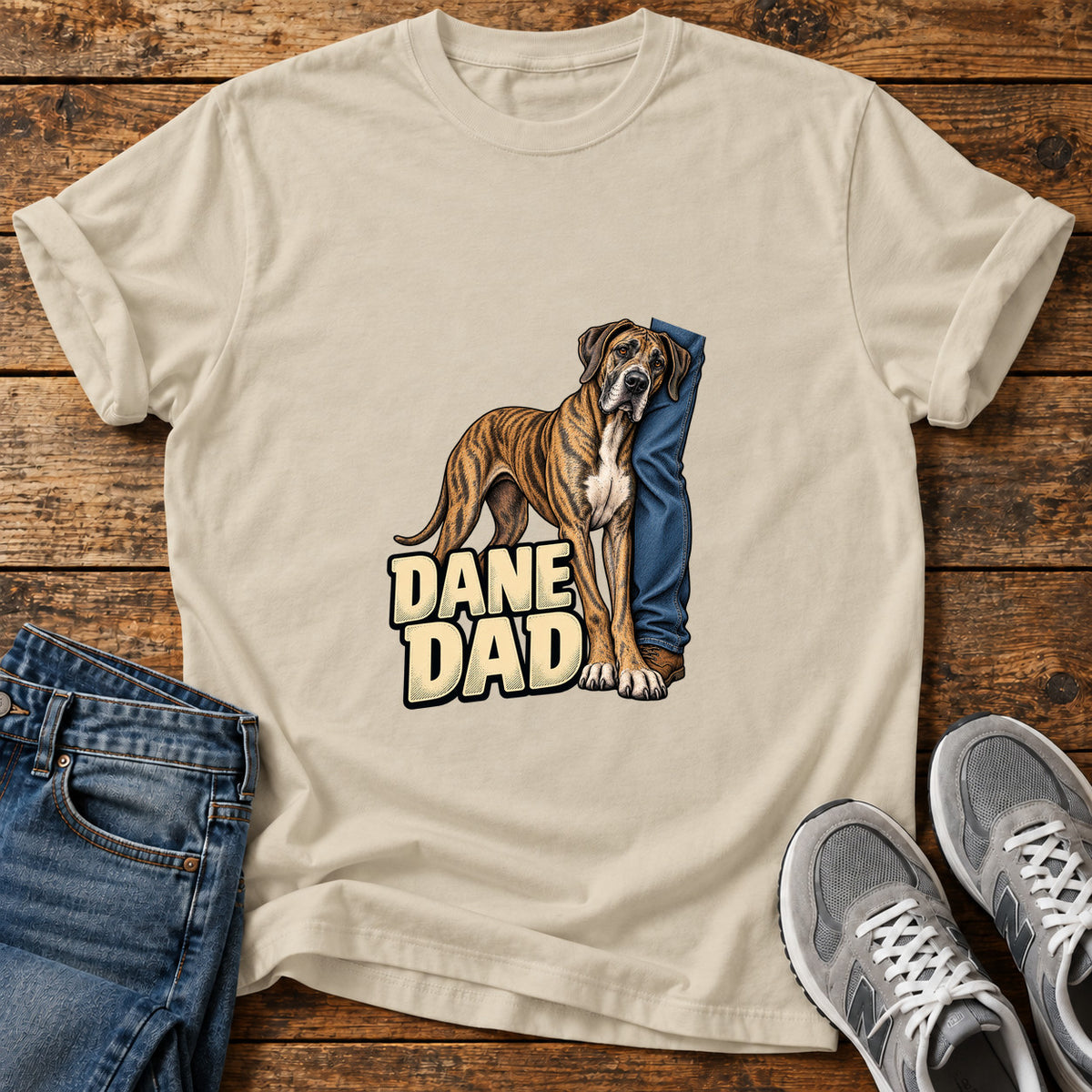 Dane Dad Great Dane graphic T-shirt in Sand, shown on a flat-lay shirt mockup