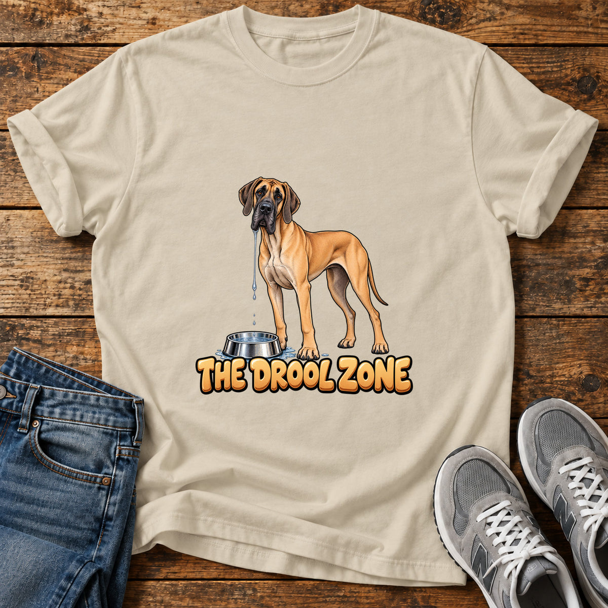 The Drool Zone Great Dane graphic T-shirt in Sand, shown on a flat-lay shirt mockup