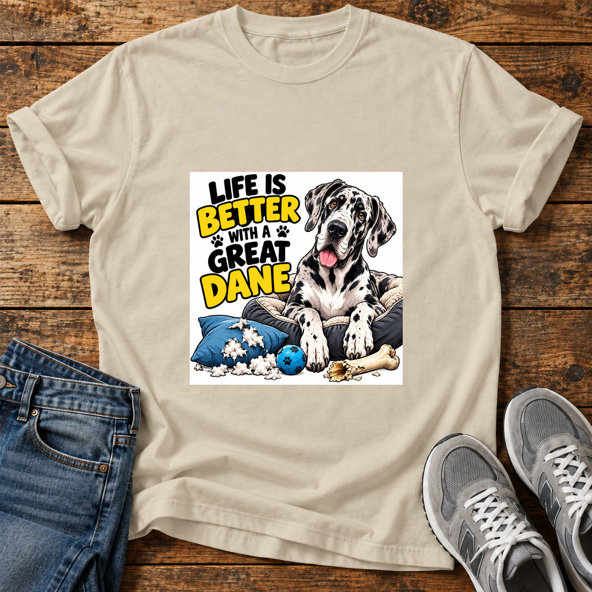 Great Dane Life graphic T-shirt in Sand, shown on a flat-lay shirt mockup