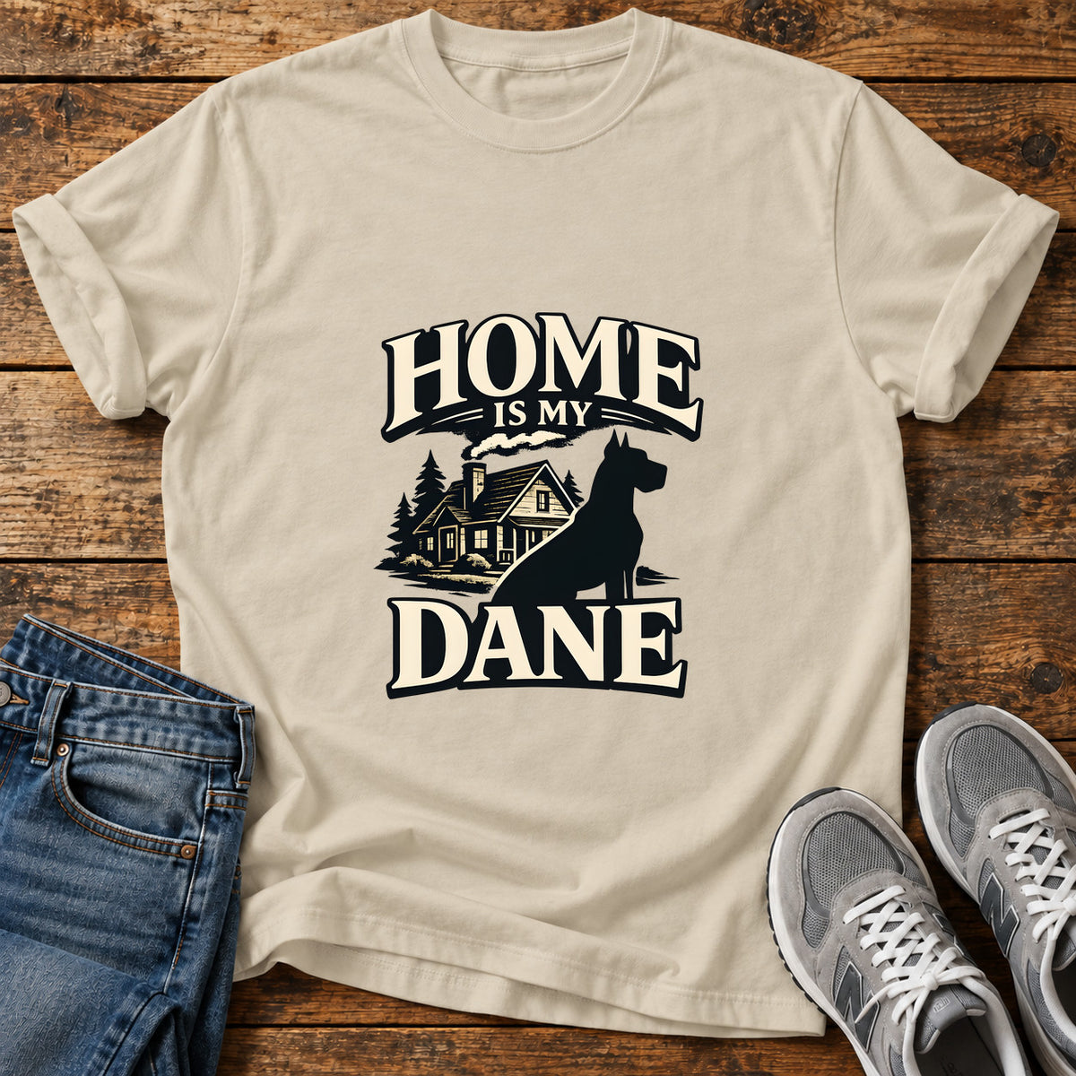 Home Dane Great Dane graphic T-shirt in Sand, shown on a flat-lay shirt mockup