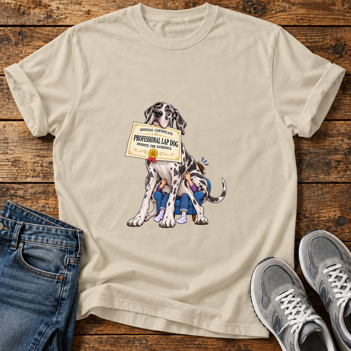 Professional Lapdog Great Dane graphic T-shirt in Sand, shown on a flat-lay shirt mockup