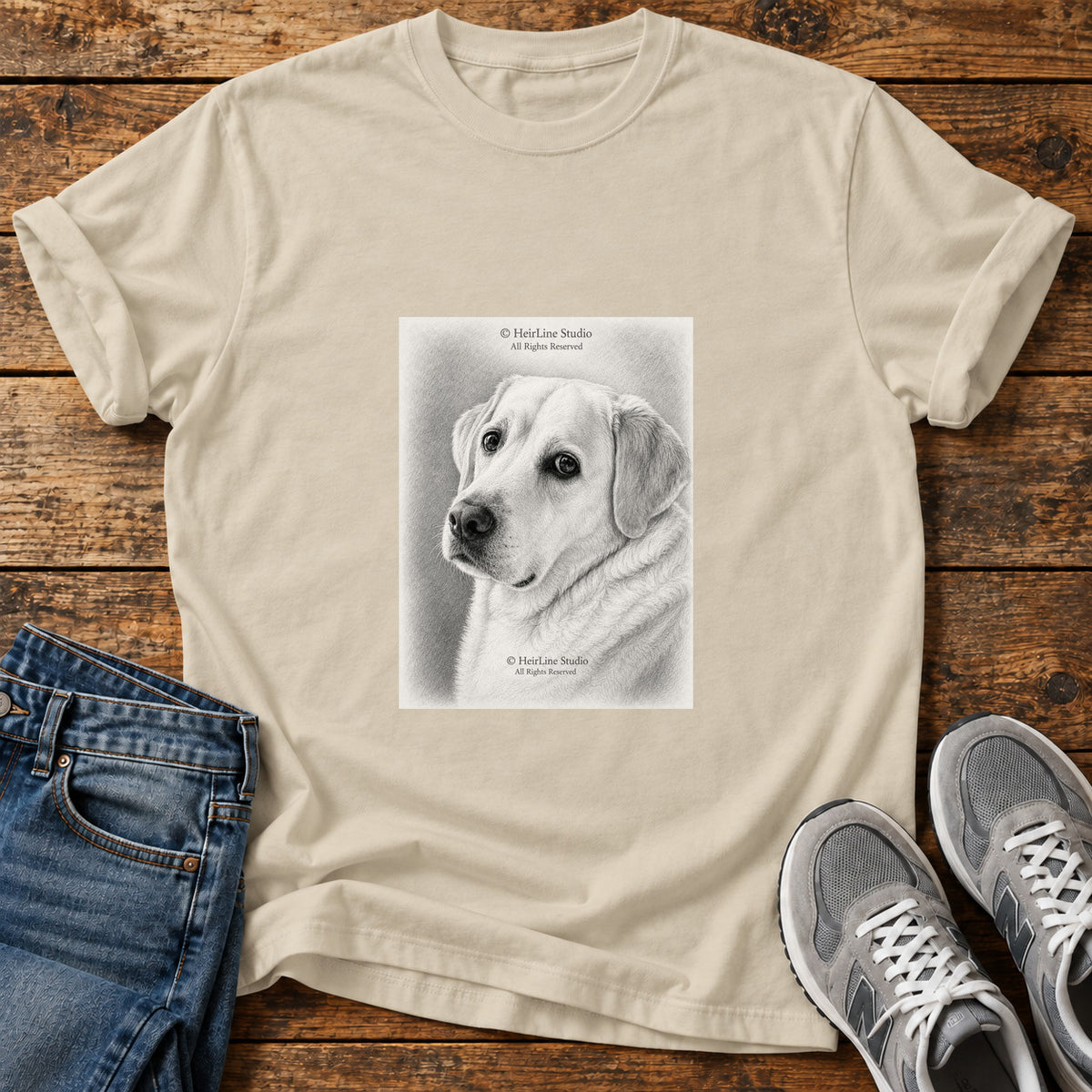 Gentle Lab Great Dane graphic T-shirt in Sand, shown on a flat-lay shirt mockup