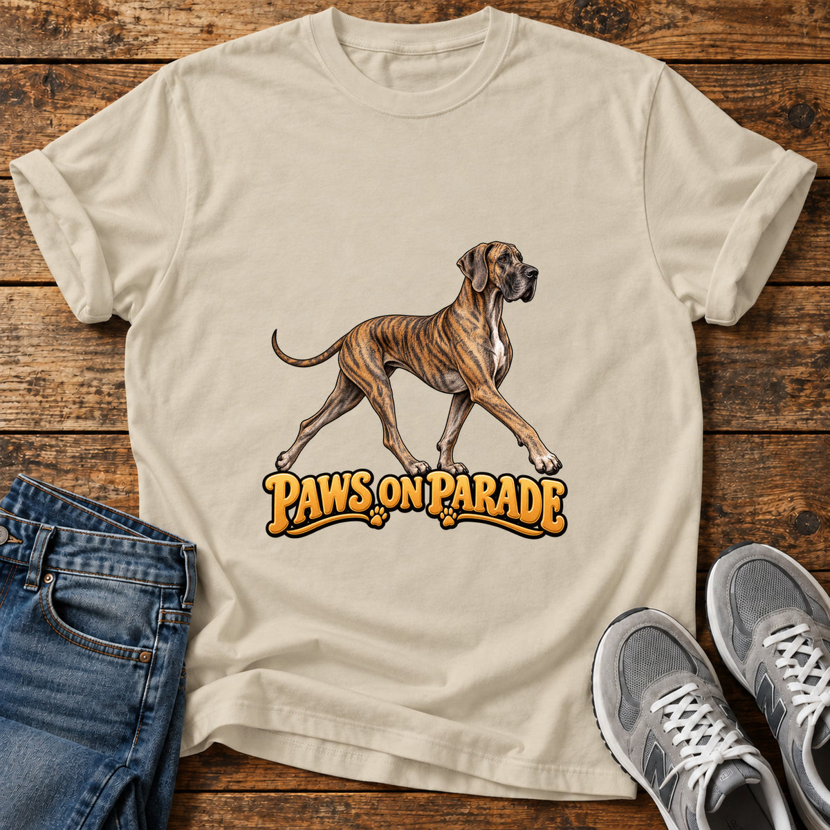Paws On Parade Great Dane graphic T-shirt in Sand, shown on a flat-lay shirt mockup