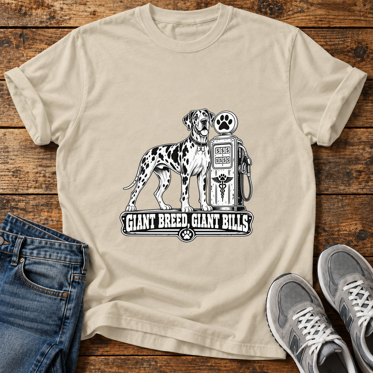 Giant Breed Bills Great Dane graphic T-shirt in Sand, shown on a flat-lay shirt mockup