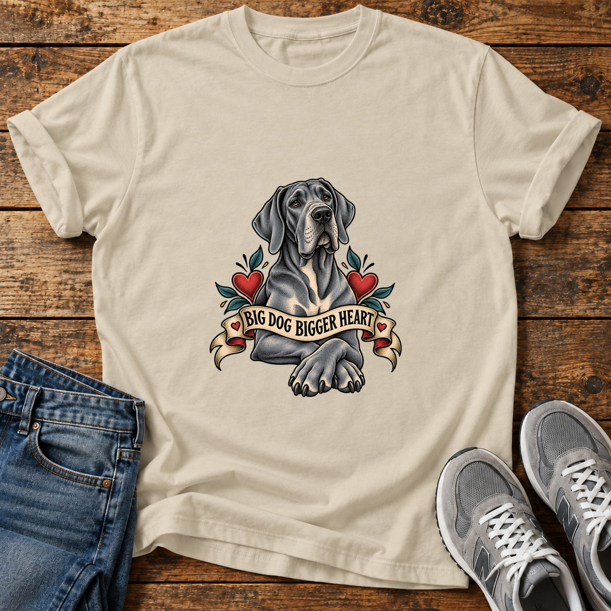Big Dog Heart Great Dane graphic T-shirt in Sand, shown on a flat-lay shirt mockup