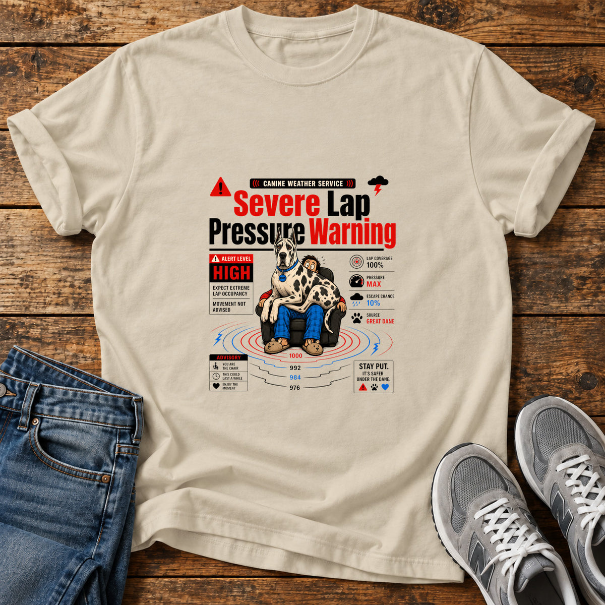 Severe Lap Warning Great Dane graphic T-shirt in Sand, shown on a flat-lay shirt mockup