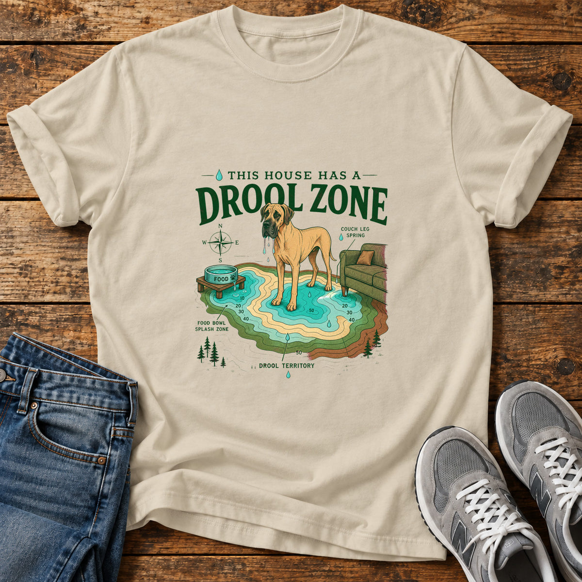 Drool Zone Zone Great Dane graphic T-shirt in Sand, shown on a flat-lay shirt mockup