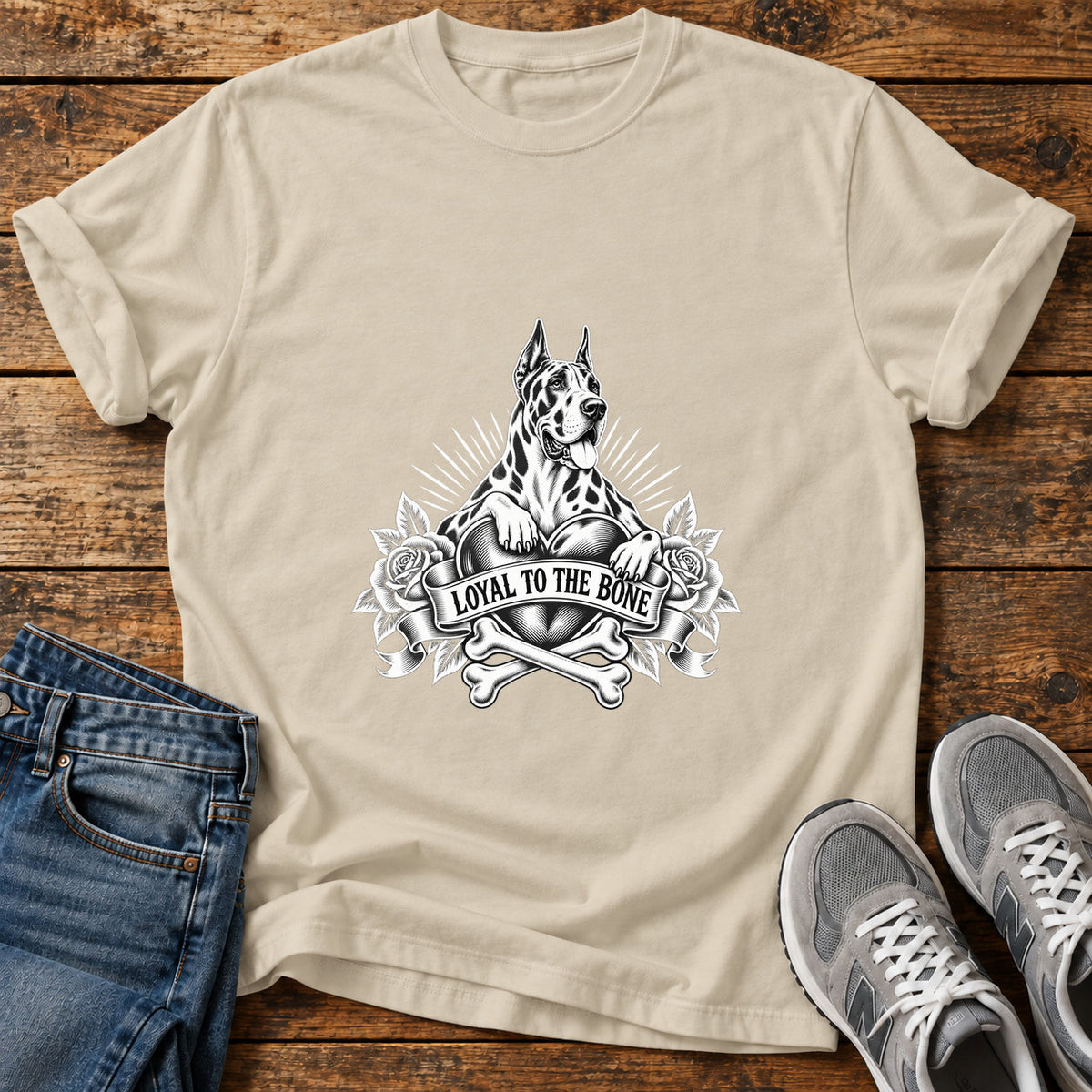 Loyal To The Great Dane graphic T-shirt in Sand, shown on a flat-lay shirt mockup