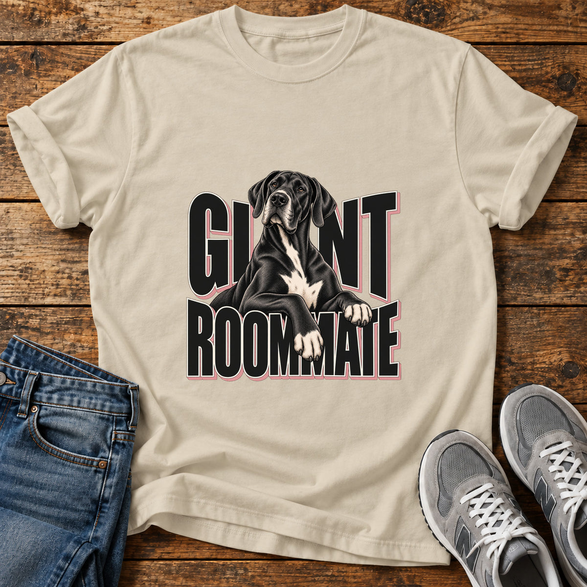 Giant Roommate Great Dane graphic T-shirt in Sand, shown on a flat-lay shirt mockup