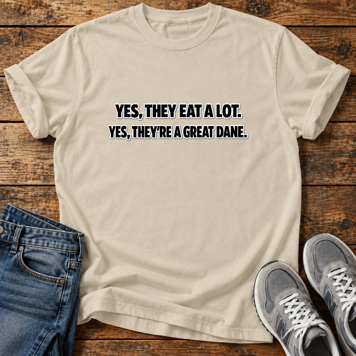Great Dane Facts graphic T-shirt in Sand, shown on a flat-lay shirt mockup
