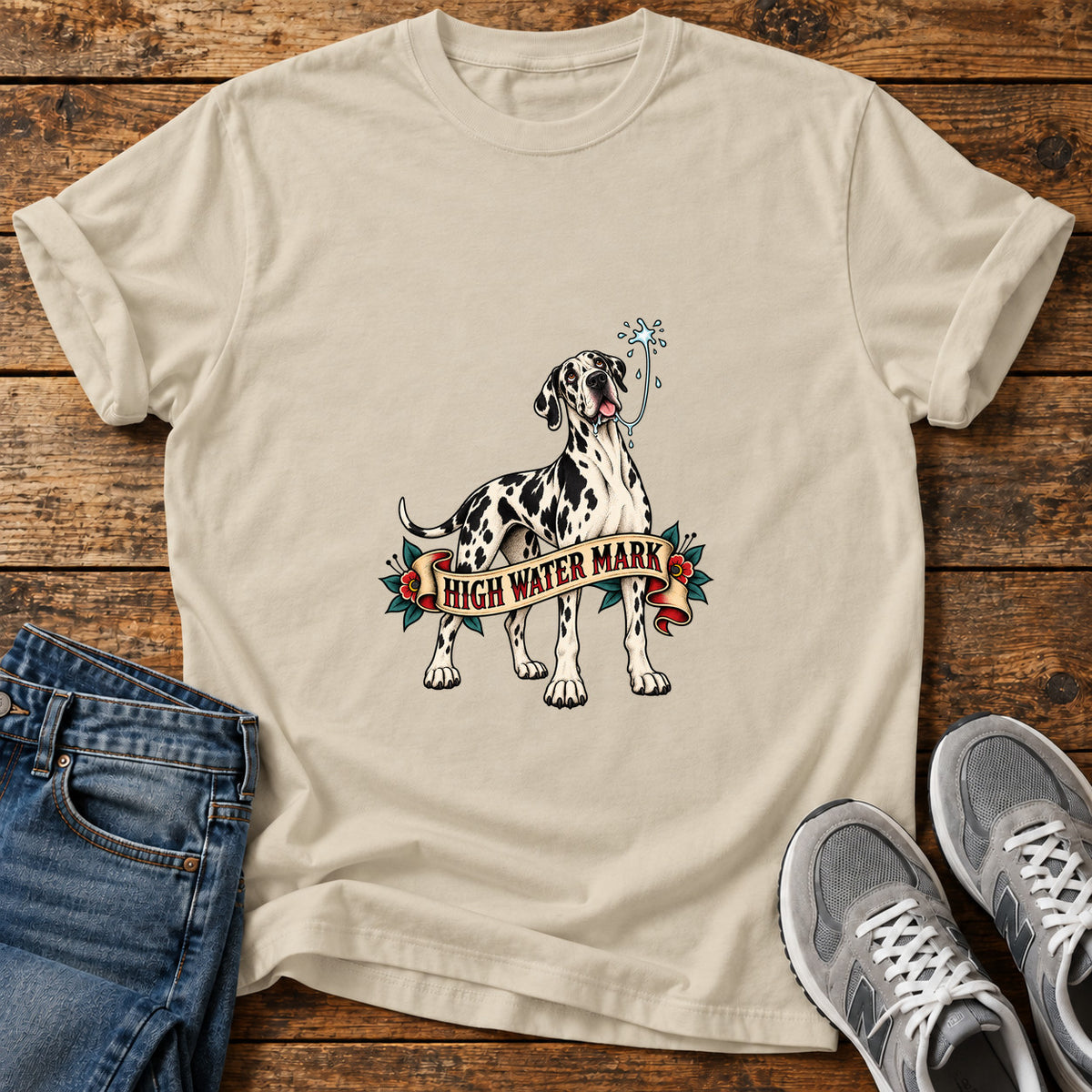 High Water Mark Great Dane graphic T-shirt in Sand, shown on a flat-lay shirt mockup