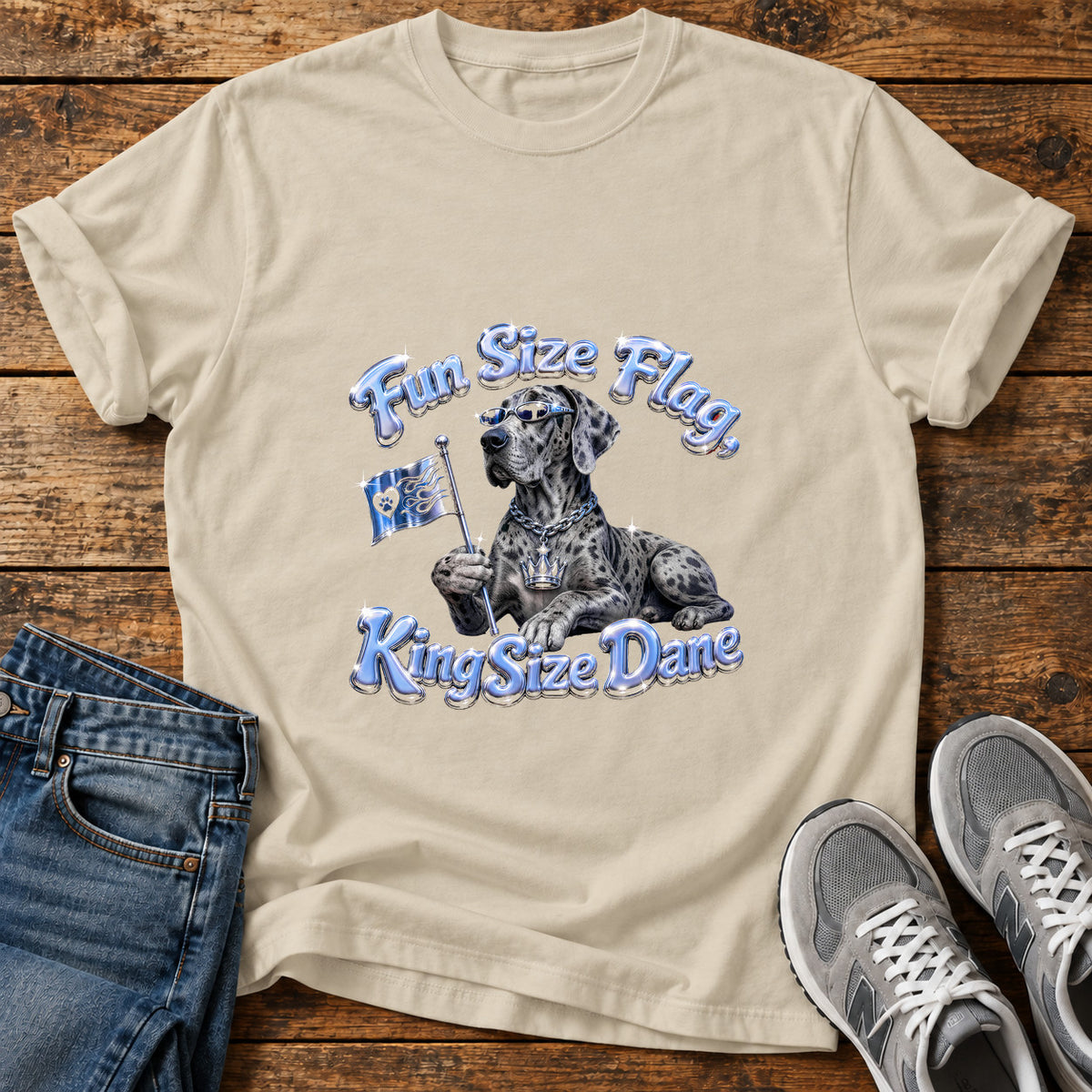 Fun Size Flag Great Dane graphic T-shirt in Sand, shown on a flat-lay shirt mockup