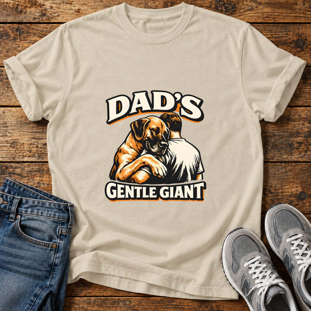 Dad's Gentle Giant Great Dane graphic T-shirt in Sand, shown on a flat-lay shirt mockup