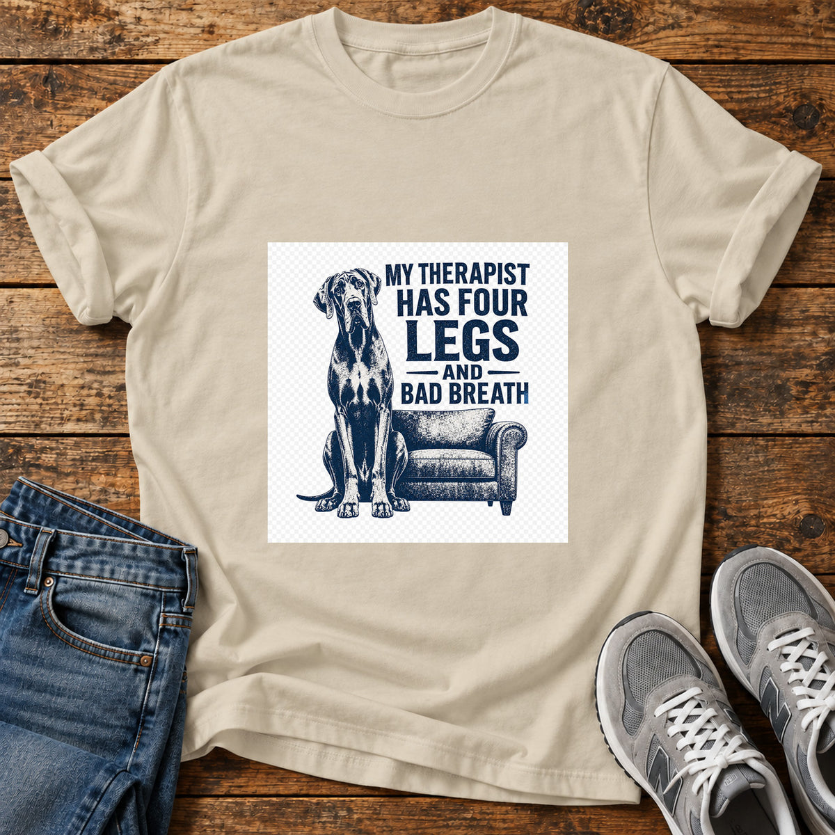 Four Leg Therapist Great Dane graphic T-shirt in Sand, shown on a flat-lay shirt mockup