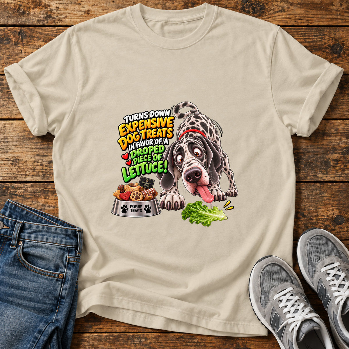 Dog's Lettuce Love Great Dane graphic T-shirt in Sand, shown on a flat-lay shirt mockup
