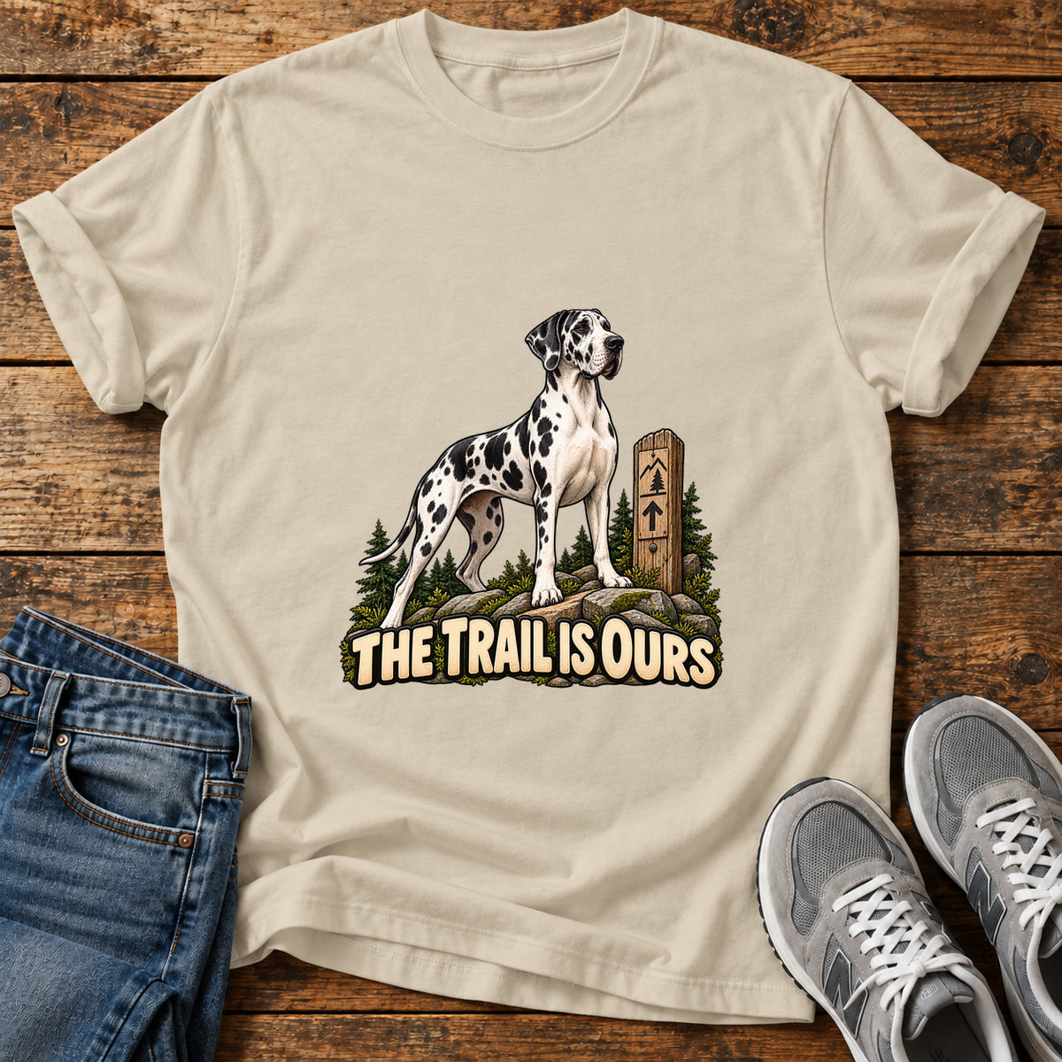 Trail Is Ours Great Dane graphic T-shirt in Sand, shown on a flat-lay shirt mockup