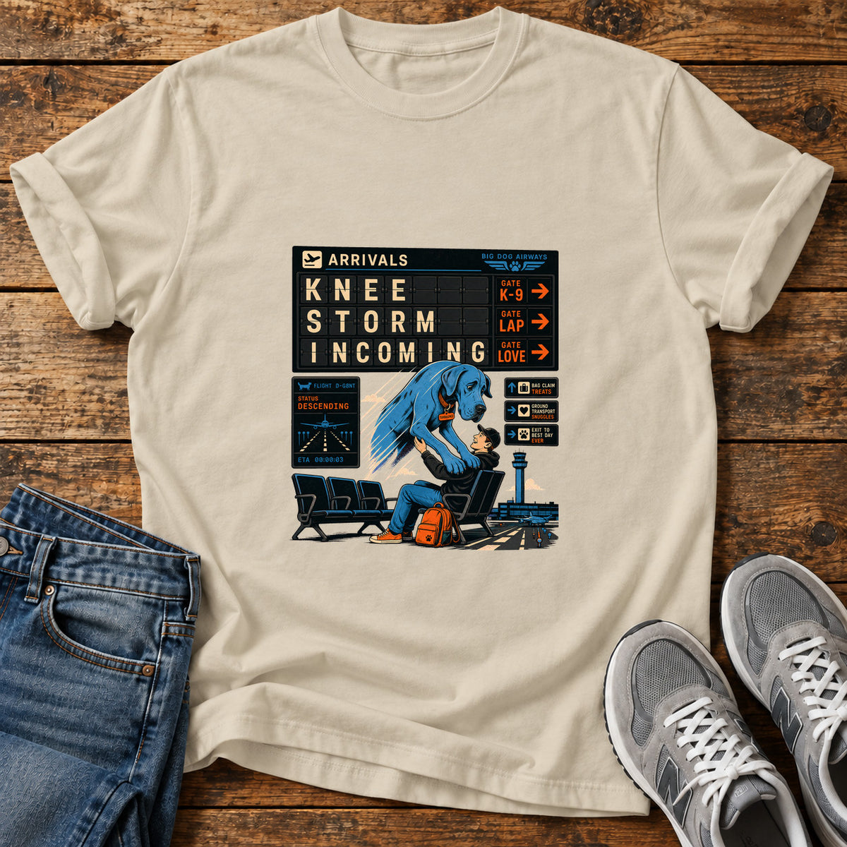 Knee Storm Incoming Great Dane graphic T-shirt in Sand, shown on a flat-lay shirt mockup