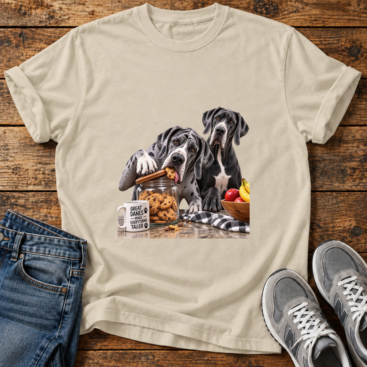 Great Danes Taller graphic T-shirt in Sand, shown on a flat-lay shirt mockup