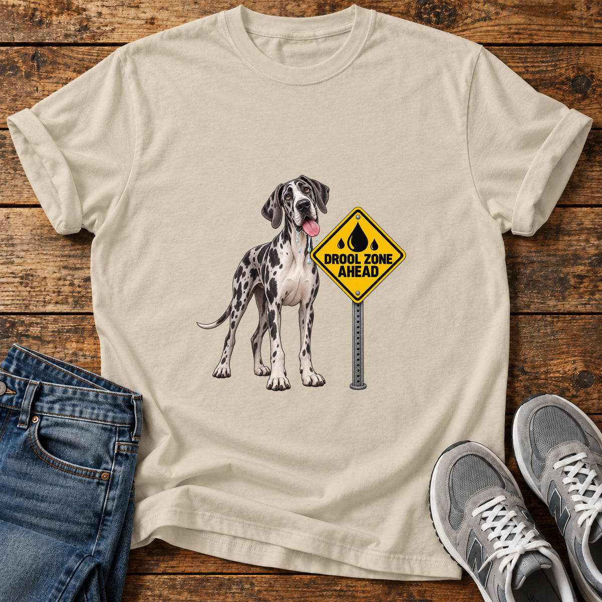 Drool Zone Ahead Great Dane graphic T-shirt in Sand, shown on a flat-lay shirt mockup