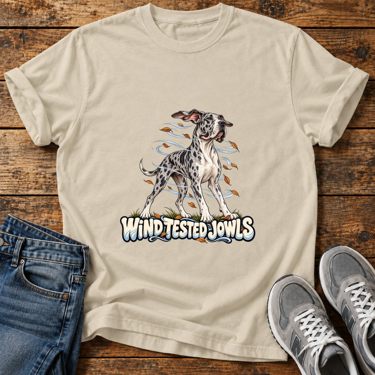 Wind Tested Jowls Great Dane graphic T-shirt in Sand, shown on a flat-lay shirt mockup