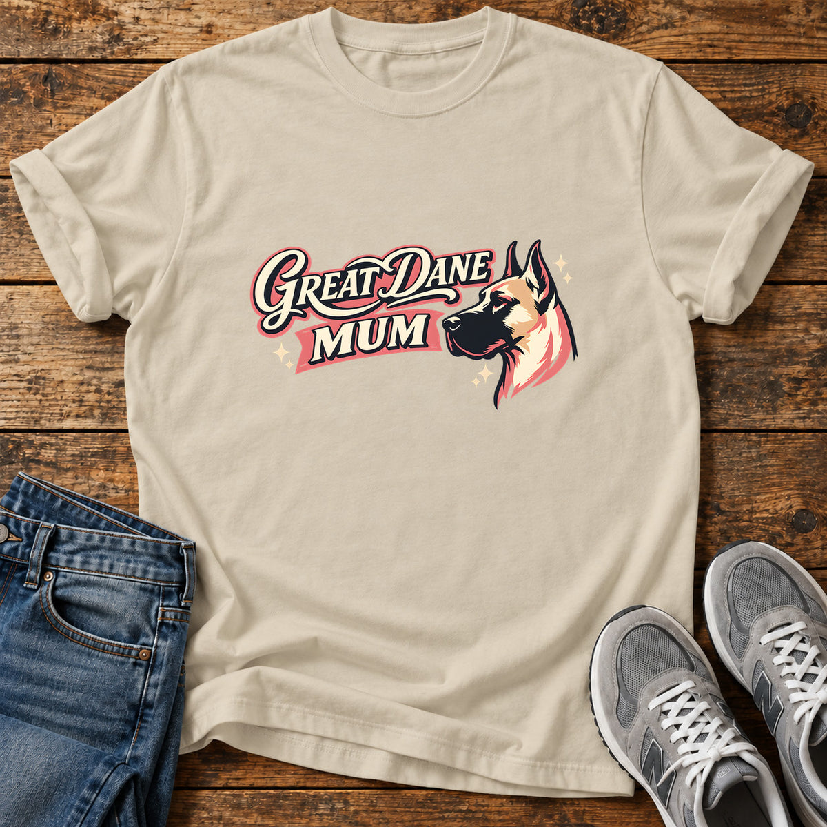 Great Dane Mum graphic T-shirt in Sand, shown on a flat-lay shirt mockup