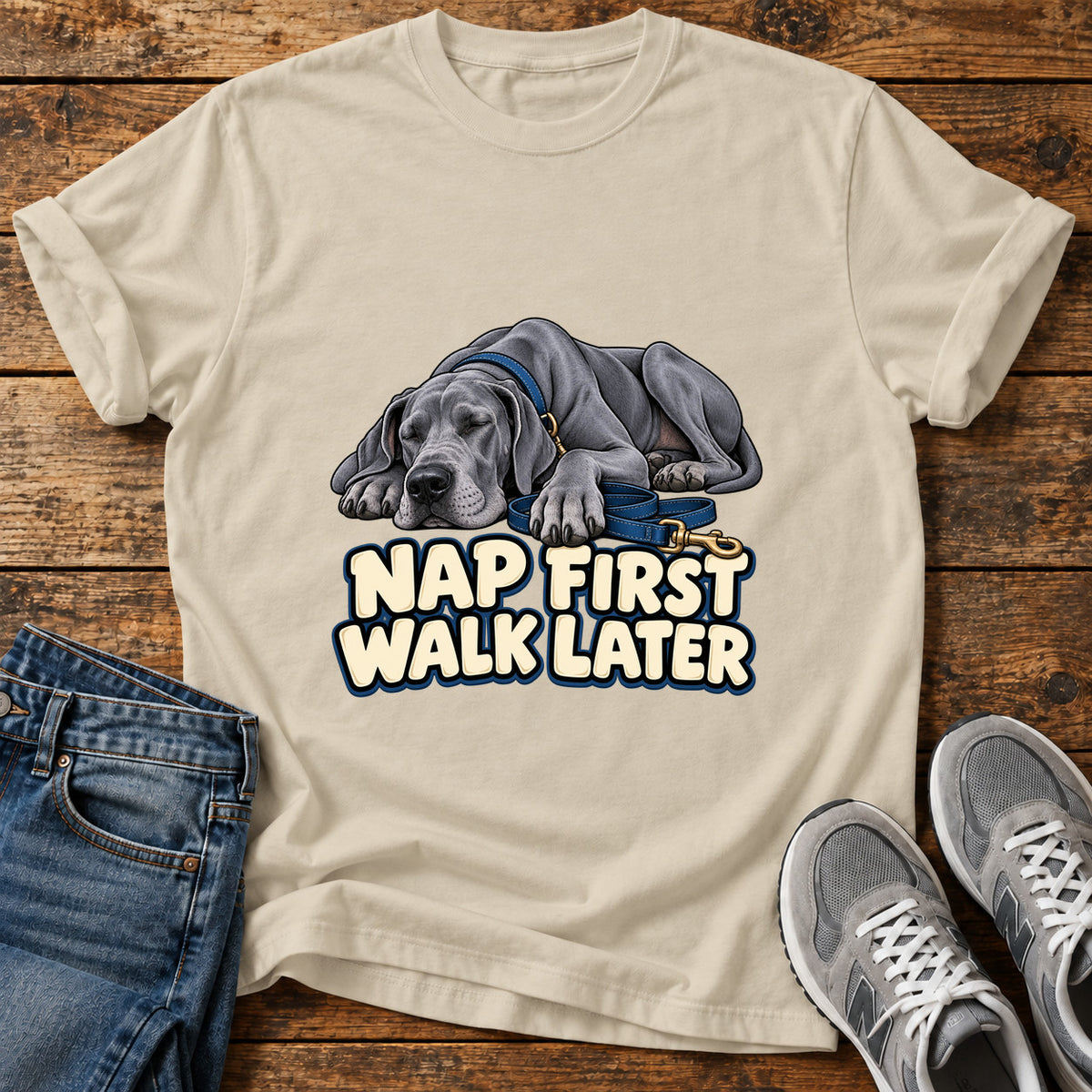 Nap First Great Dane graphic T-shirt in Sand, shown on a flat-lay shirt mockup