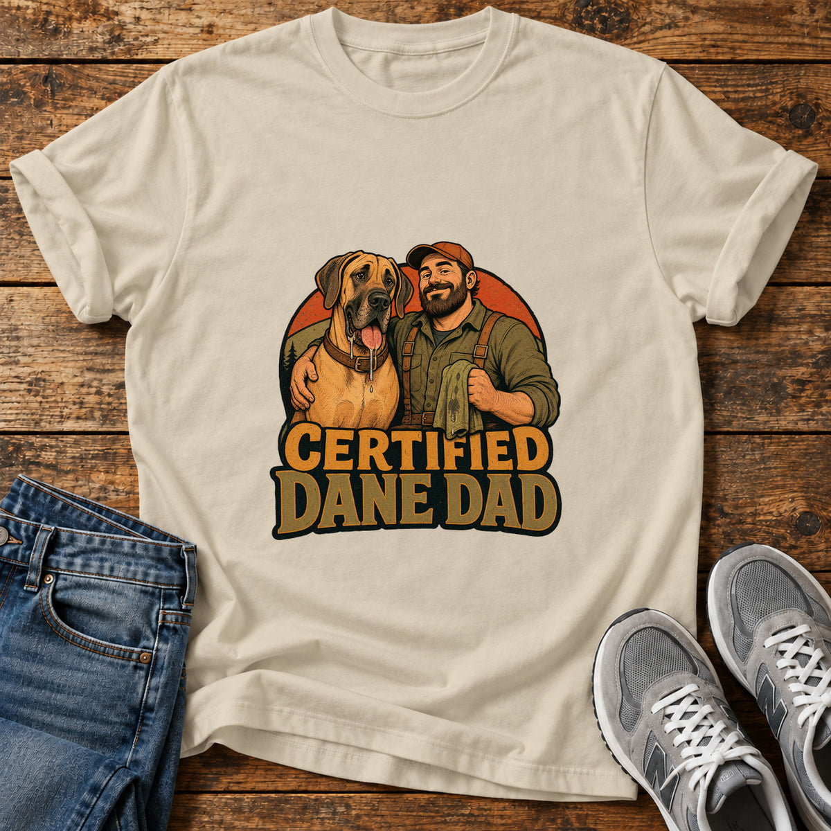 Certified Dane Dad Great Dane graphic T-shirt in Sand, shown on a flat-lay shirt mockup