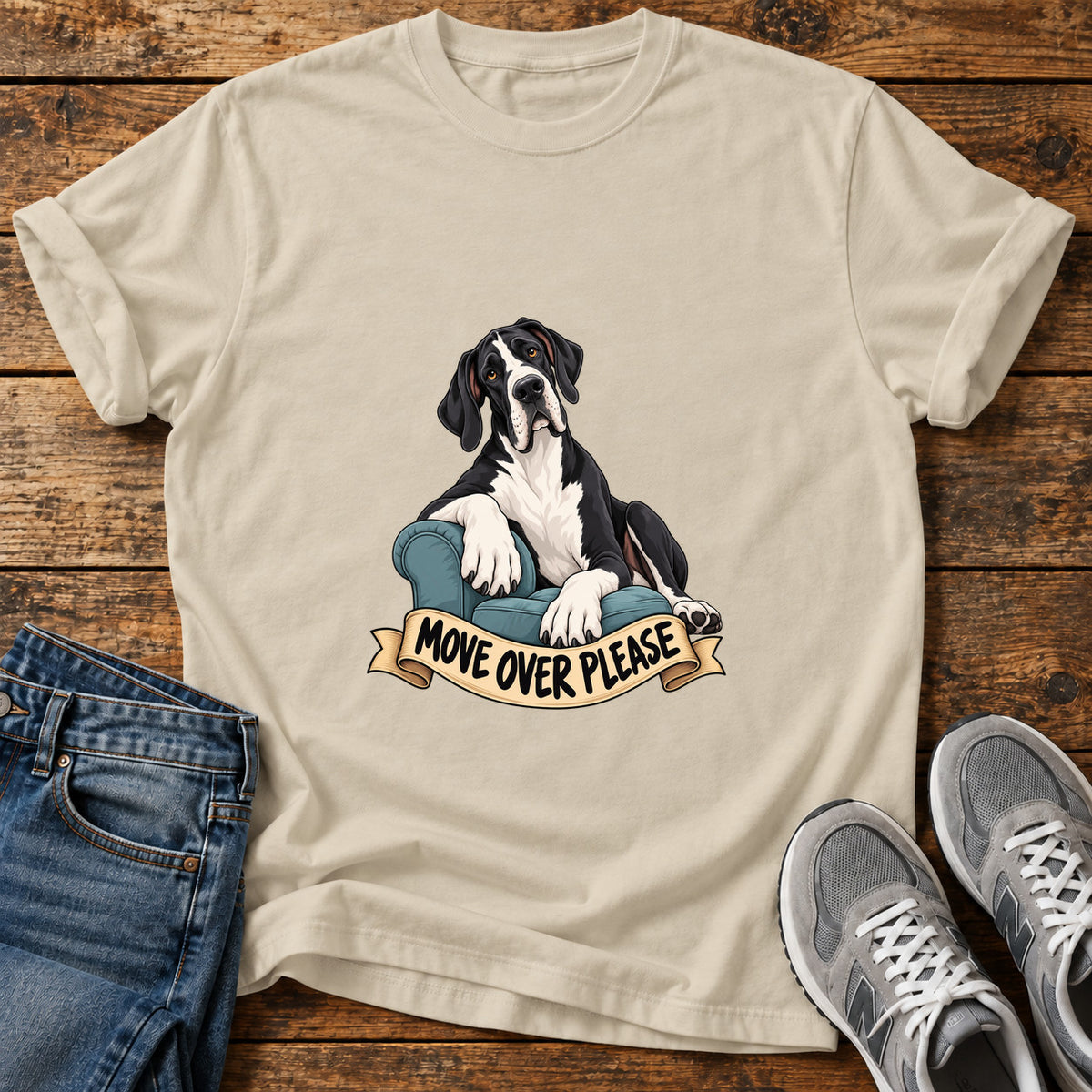 Move Over Please Great Dane graphic T-shirt in Sand, shown on a flat-lay shirt mockup