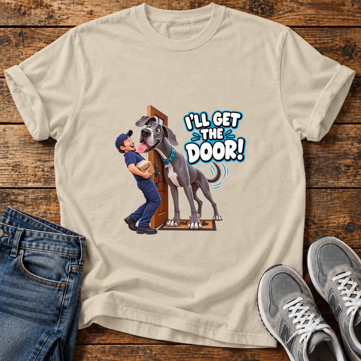 I'll Get Door Great Dane graphic T-shirt in Sand, shown on a flat-lay shirt mockup