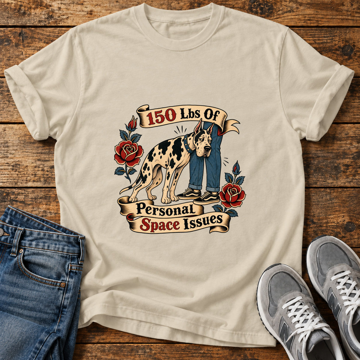 Personal Space Issues Great Dane graphic T-shirt in Sand, shown on a flat-lay shirt mockup