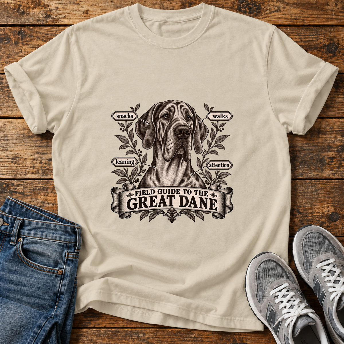 Great Dane Guide graphic T-shirt in Sand, shown on a flat-lay shirt mockup