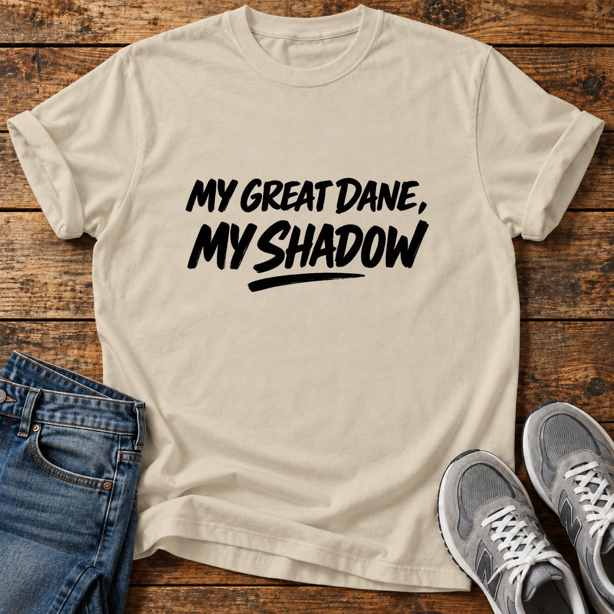 Great Dane Shadow graphic T-shirt in Sand, shown on a flat-lay shirt mockup