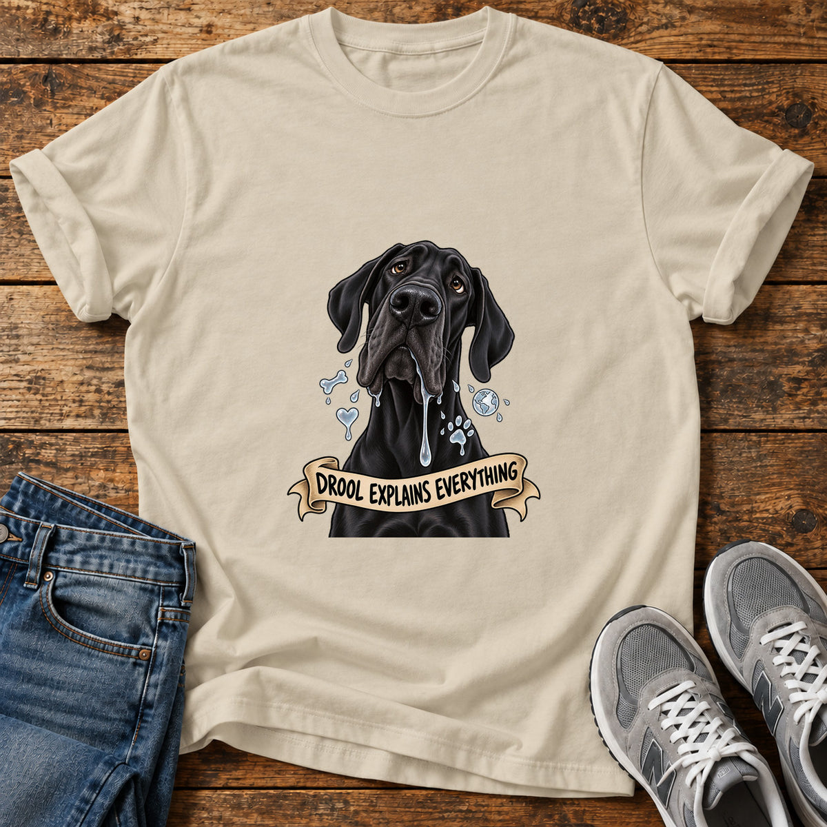 Drool Explains Everything Great Dane graphic T-shirt in Sand, shown on a flat-lay shirt mockup