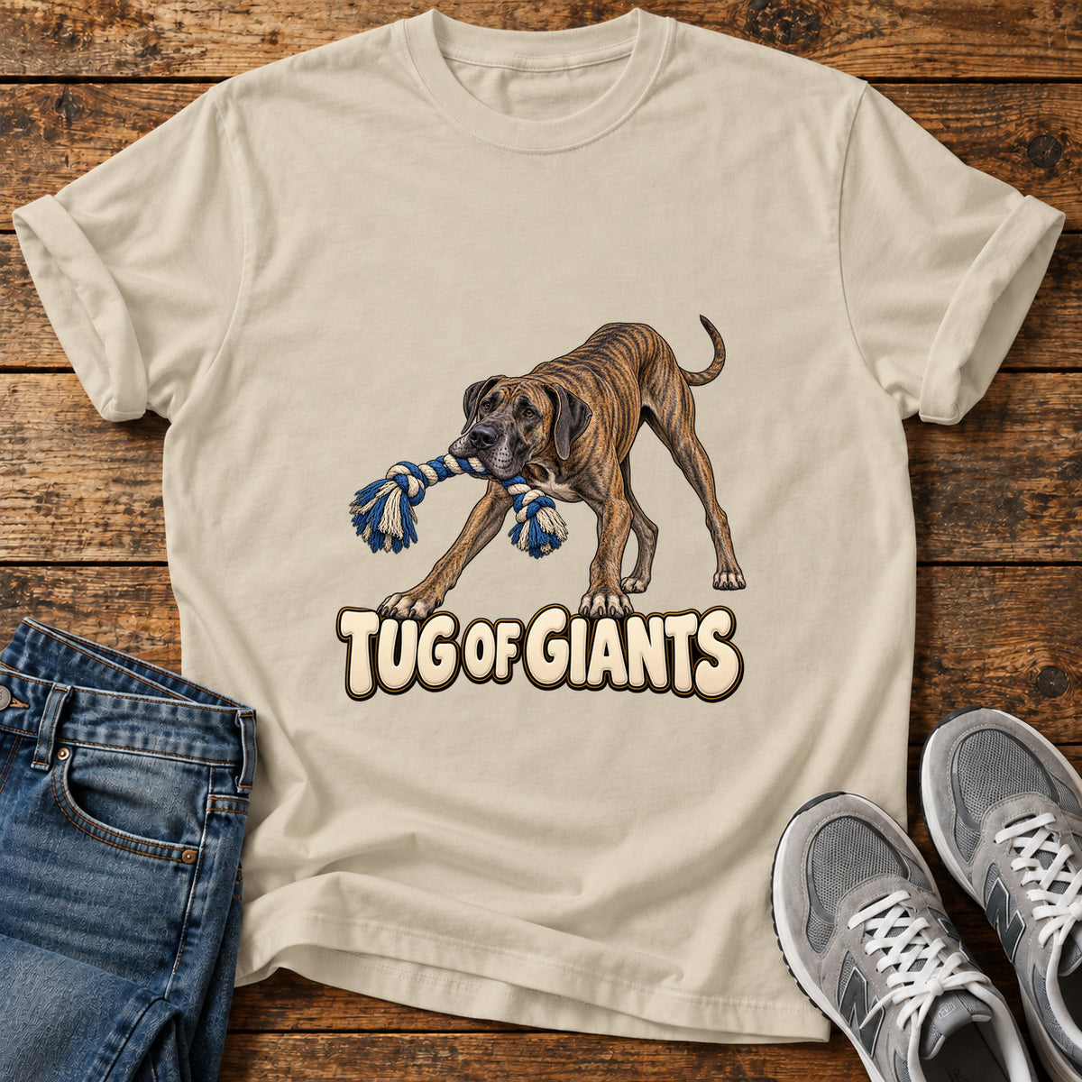 Tug of Giants Great Dane graphic T-shirt in Sand, shown on a flat-lay shirt mockup