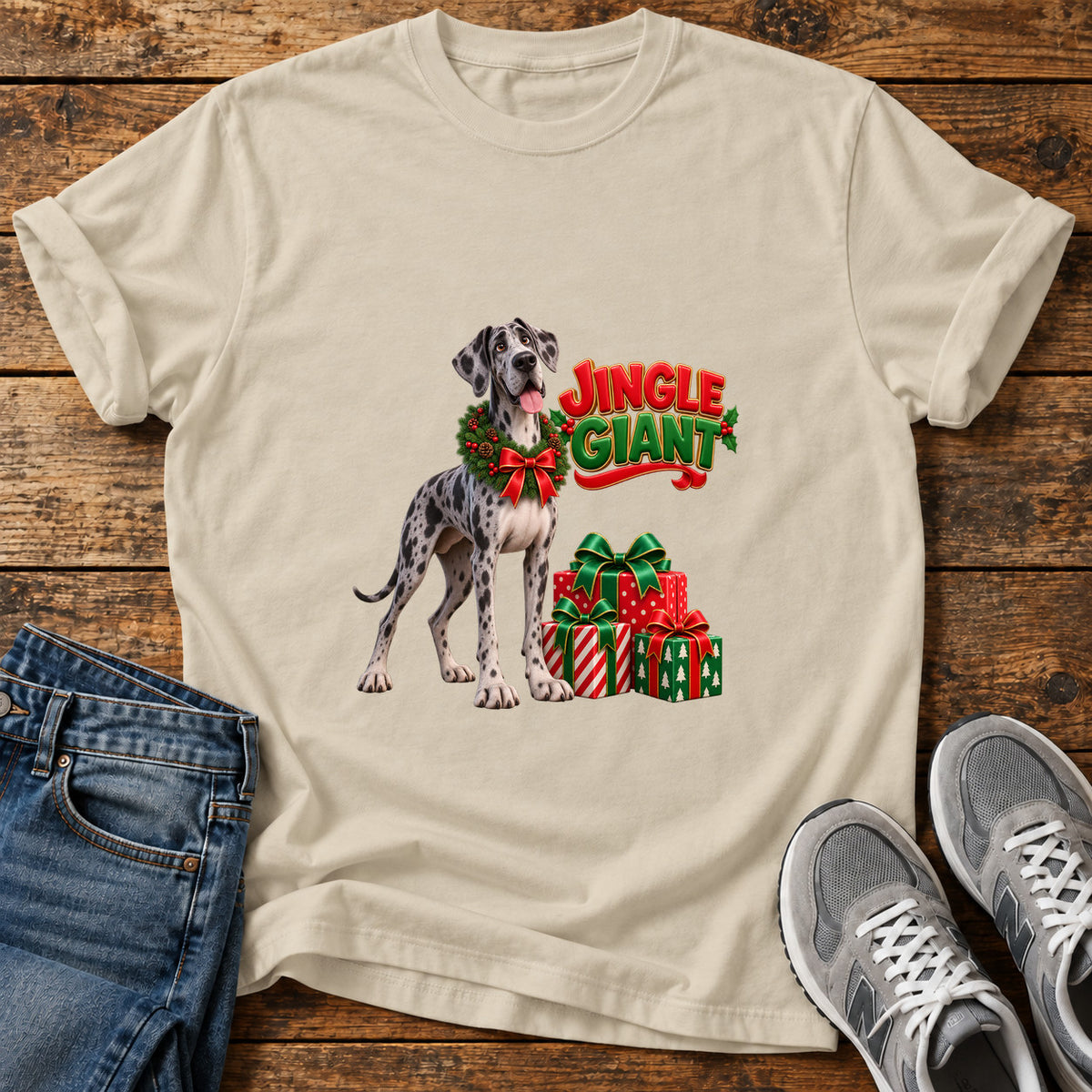 Jingle Giant Great Dane graphic T-shirt in Sand, shown on a flat-lay shirt mockup