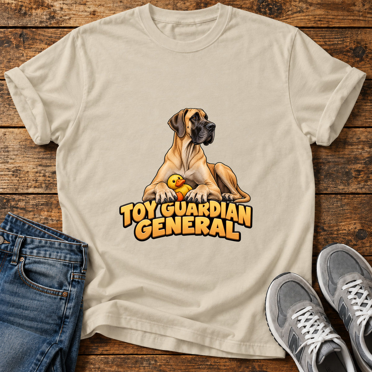Toy Guardian General Great Dane graphic T-shirt in Sand, shown on a flat-lay shirt mockup