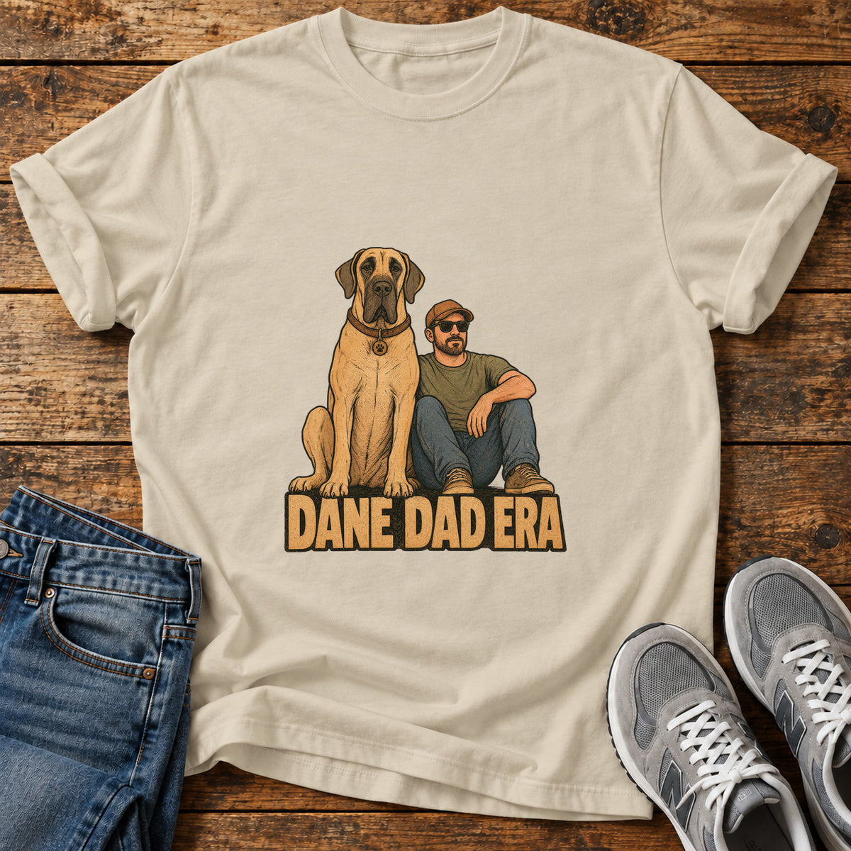 Dane Dad Era Great Dane graphic T-shirt in Sand, shown on a flat-lay shirt mockup
