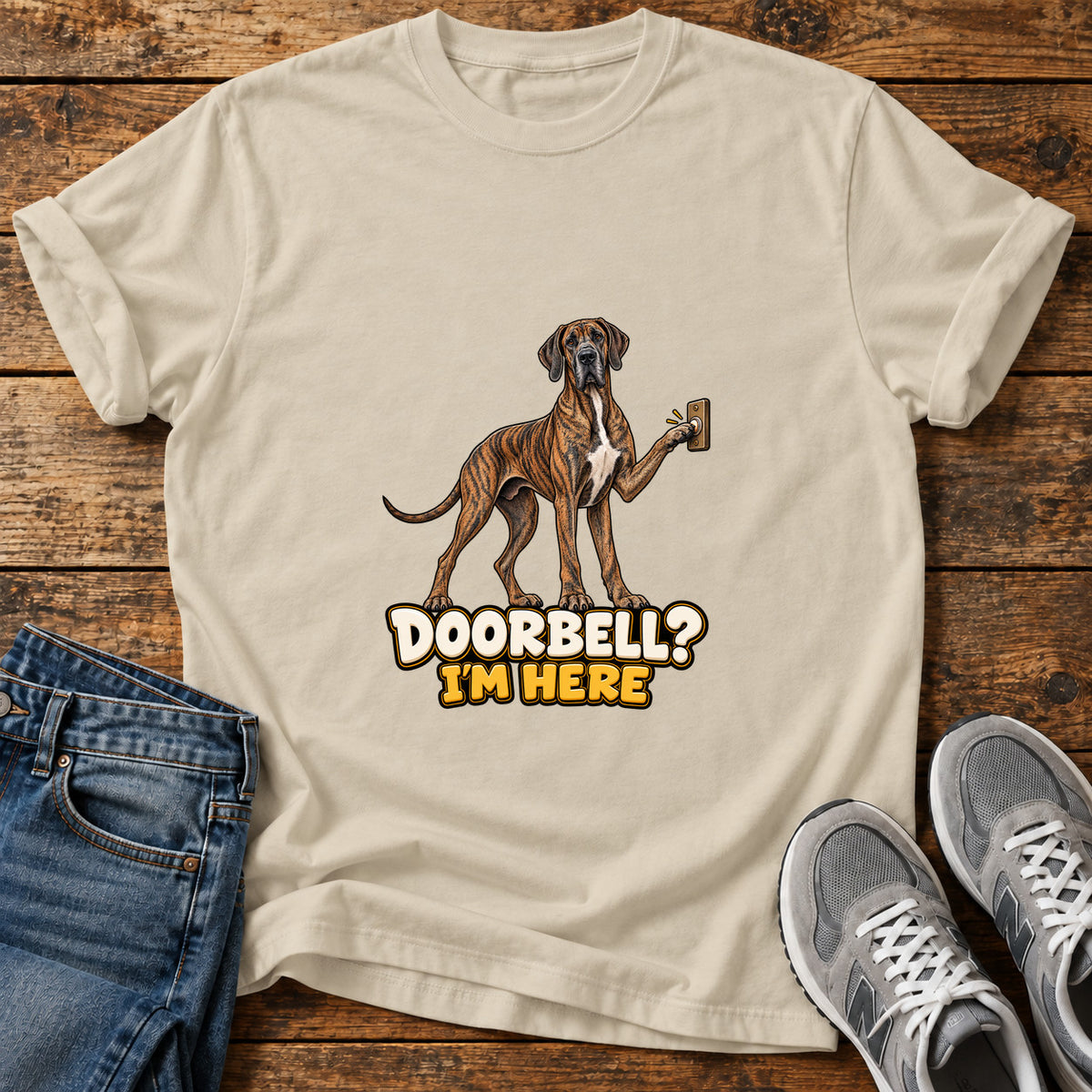 Doorbell Guardian Great Dane graphic T-shirt in Sand, shown on a flat-lay shirt mockup