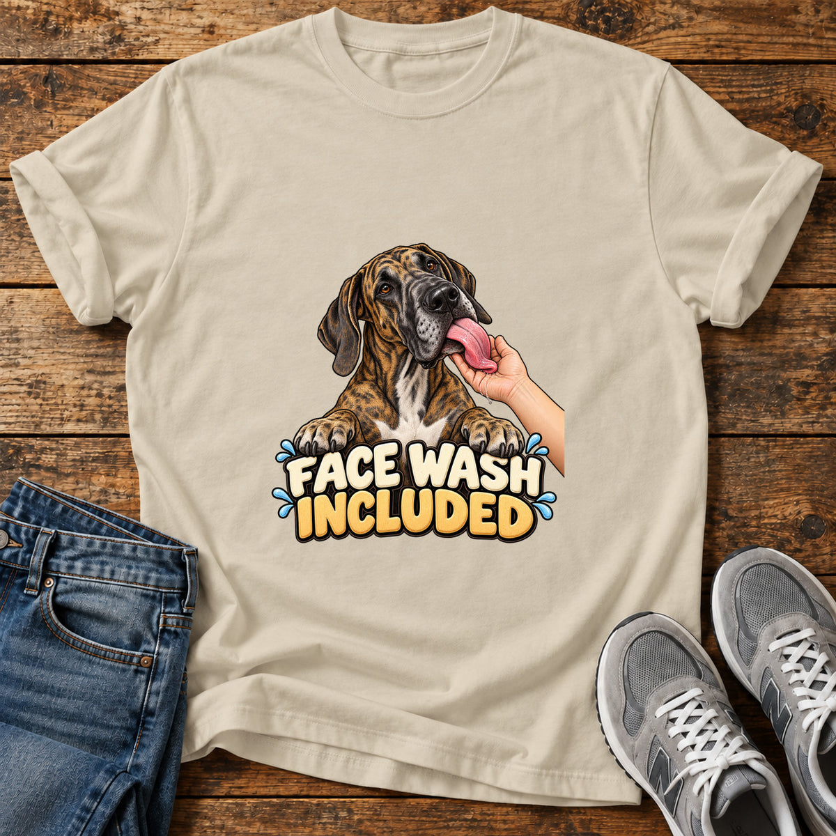 Face Wash Included Great Dane graphic T-shirt in Sand, shown on a flat-lay shirt mockup