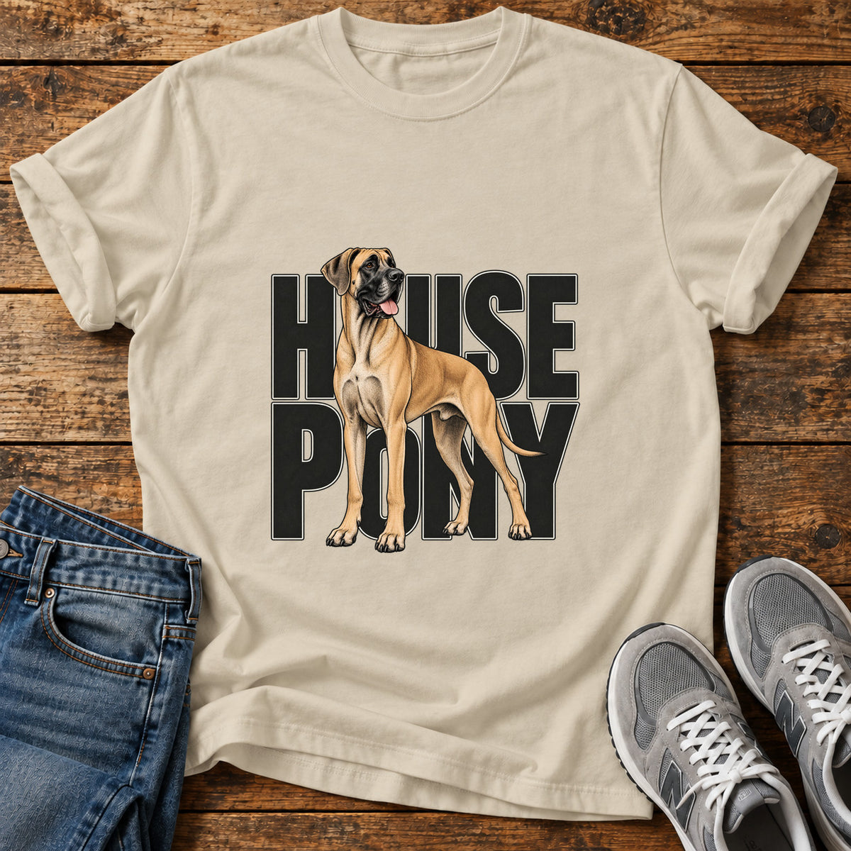 House Pony Great Dane graphic T-shirt in Sand, shown on a flat-lay shirt mockup