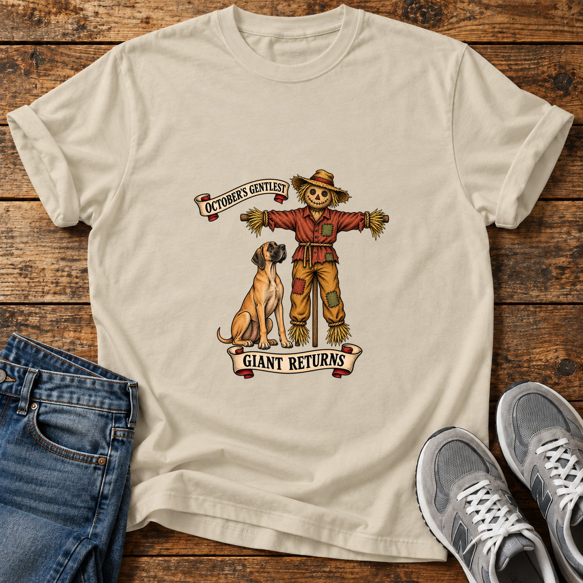 October's Gentlest Great Dane graphic T-shirt in Sand, shown on a flat-lay shirt mockup