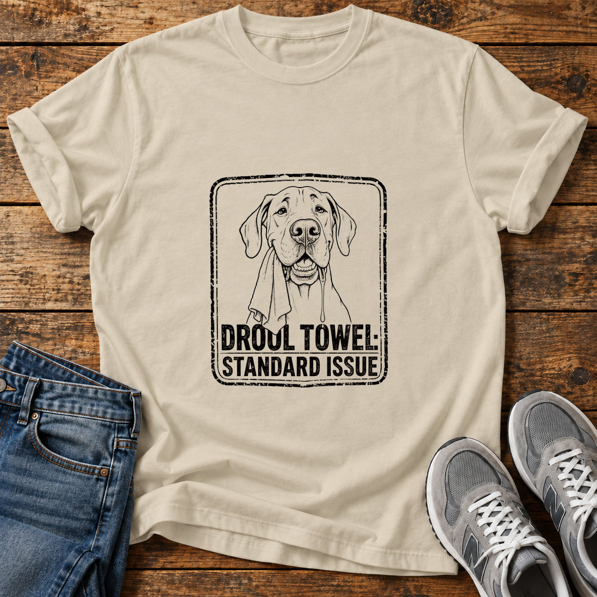 Drool Towel Great Dane graphic T-shirt in Sand, shown on a flat-lay shirt mockup
