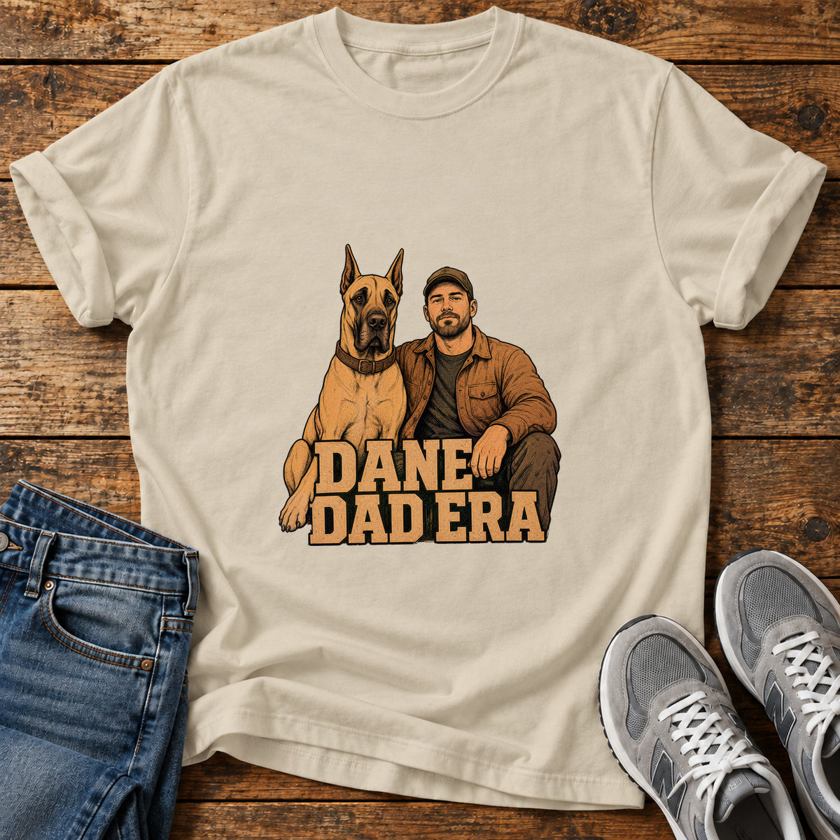 Dane Dad Era Great Dane graphic T-shirt in Sand, shown on a flat-lay shirt mockup