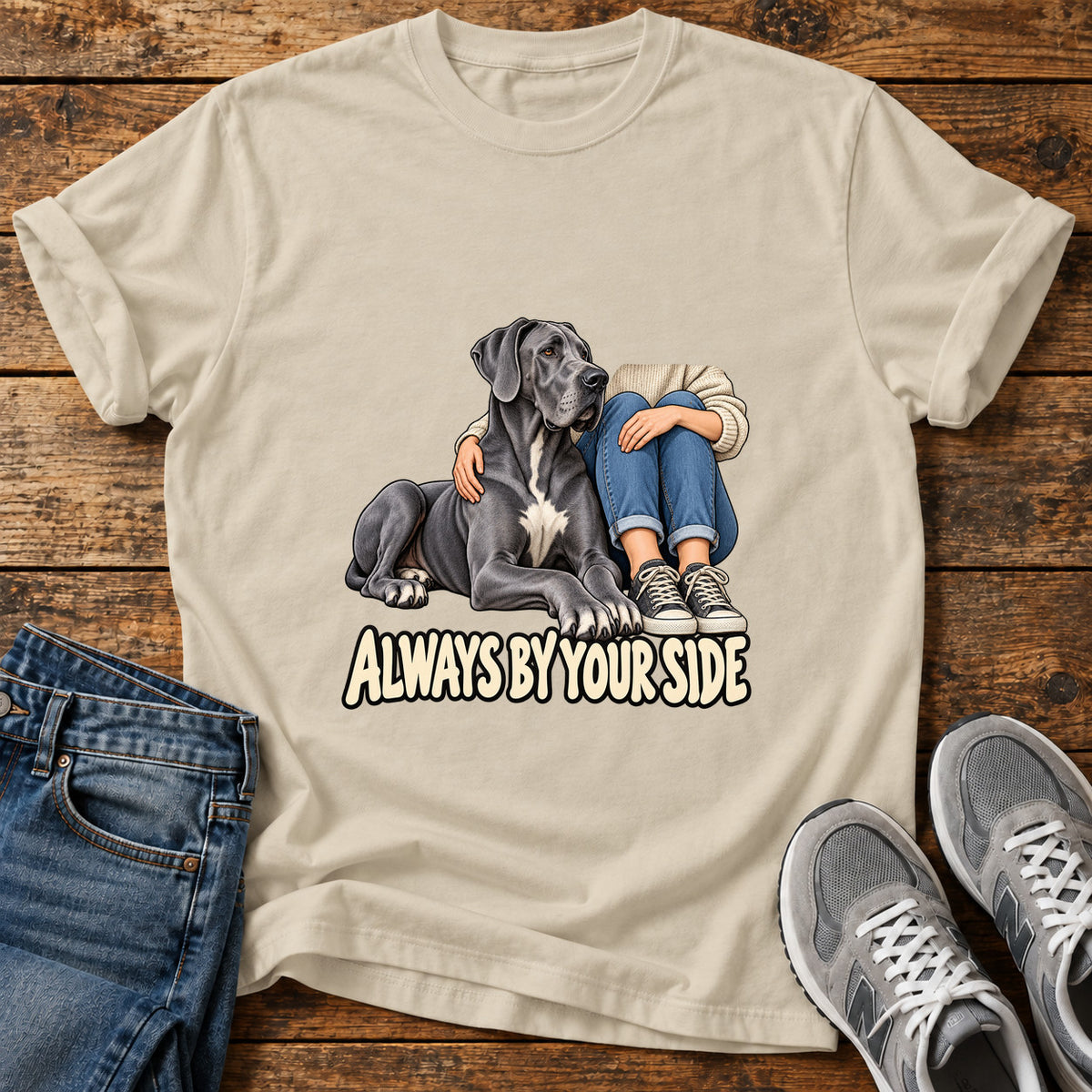 Always By Your Great Dane graphic T-shirt in Sand, shown on a flat-lay shirt mockup